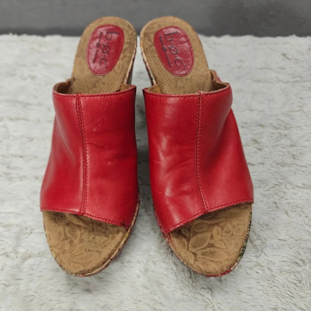b.o.c Red Leather Wedge Sandals Floral Cork Heel Tropical Resort Vacation Cruise